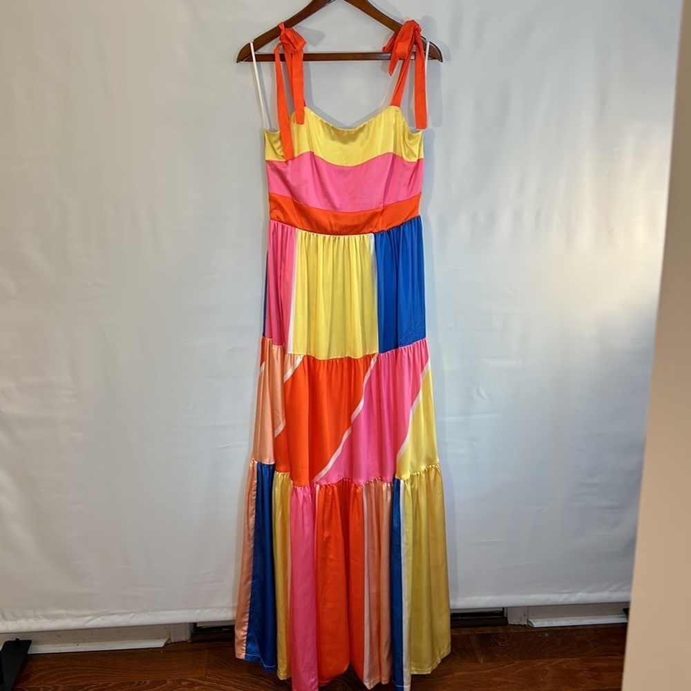 Banjul Boho Multicolored Patched Ribbon Tiered Long Maxi Dress Spaghetti Strap L